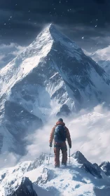 Solitary mountaineer facing towering snow peak summit.