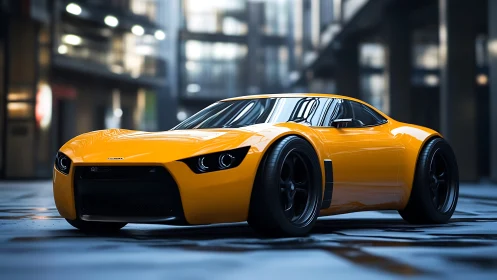 Midnight-gold street predator poised in glassy urban canyon.