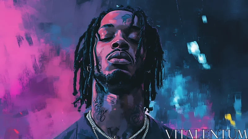 Portrait of man with dreads in neon abstract background.