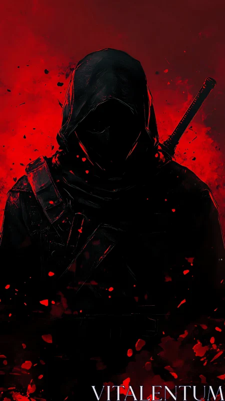 Hooded figure with sword stands in red and black digital scene