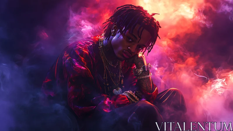 Moody neon portrait of a thoughtful musician in swirling smoke.