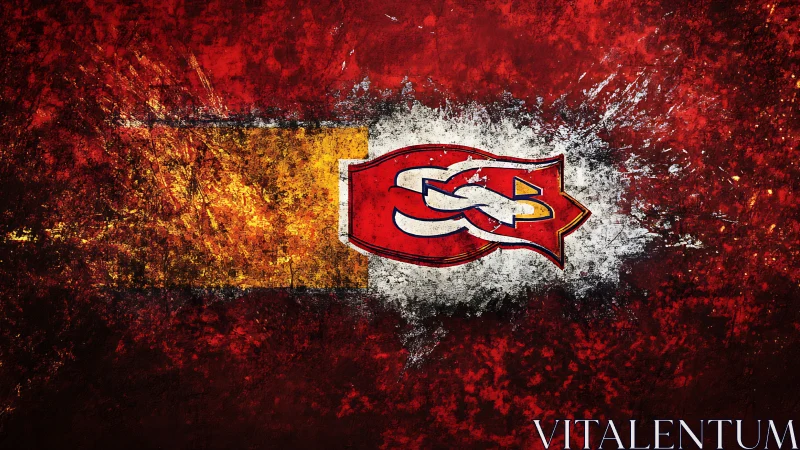 Grunge-scorched red emblem carves through molten canvas