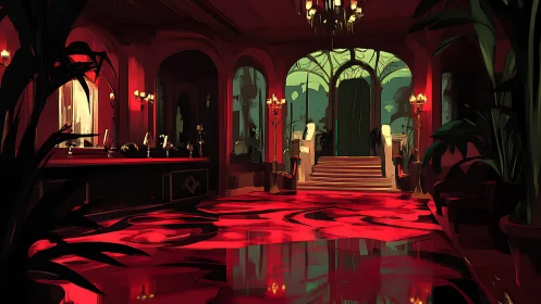Opulent red hotel lobby with reflective patterned floor.
