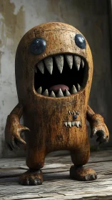 Textured wooden monster figurine with stylized teeth and worn patina