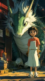 Young adventurer stands bravely before loyal forest dragon