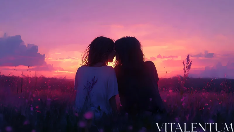 Two Figures in Sunset Field Silhouette.