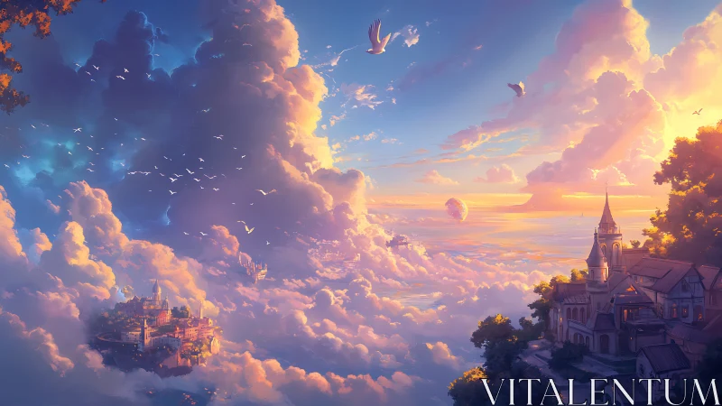 Sunlit sky kingdoms drift above glowing cloud oceans