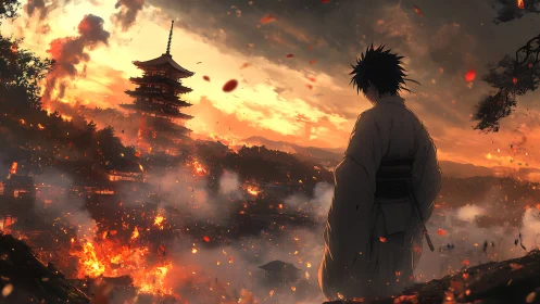 Lone samurai quietly watches a burning sunset city below