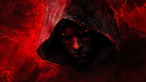 Hooded dark figure emerges from swirling red inferno
