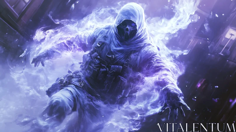 Hooded spectral soldier in violet energy field motion.