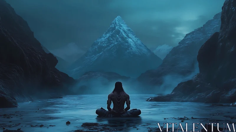 Solitary mystic meditating beneath a brooding ice pyramid.