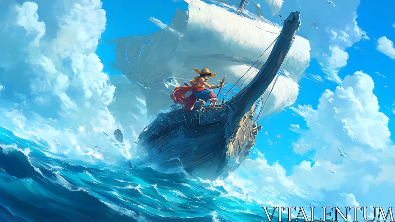 Dynamic bow-on sailing scene with stylized ocean and sky lighting