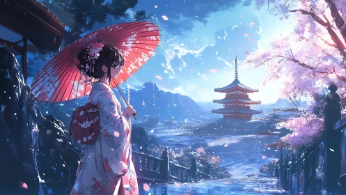 Springtime stroll pauses beneath soft cherry blossom skies