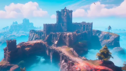 Medieval Castle on Rocky Island in Turquoise Ocean.