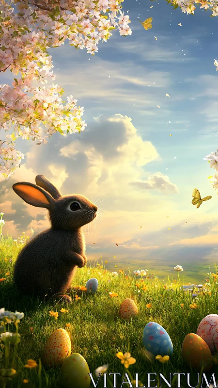 Backlit spring rabbit studies painted Easter eggs on floral hillside