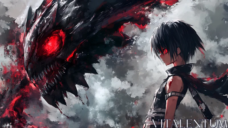 Dark figure stands before red-eyed dragon-like spectral head