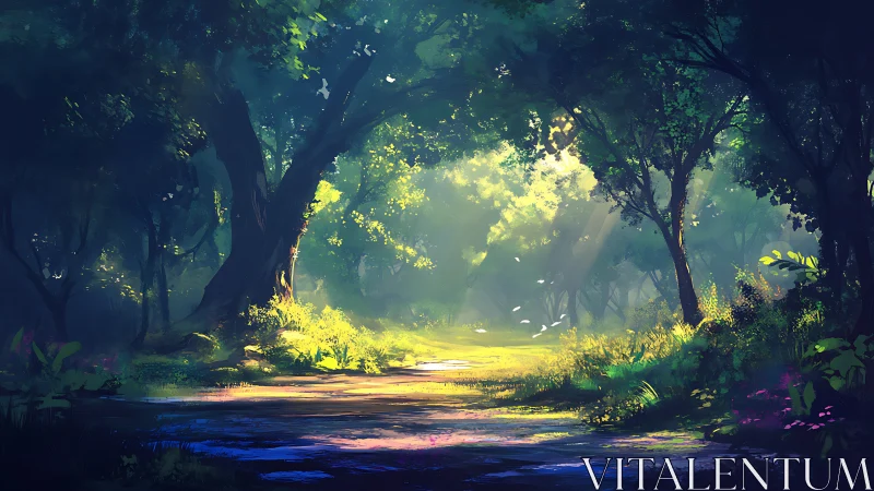 Sunlit Forest Clearing with Luminescent Canopy and Reflective Water Stream