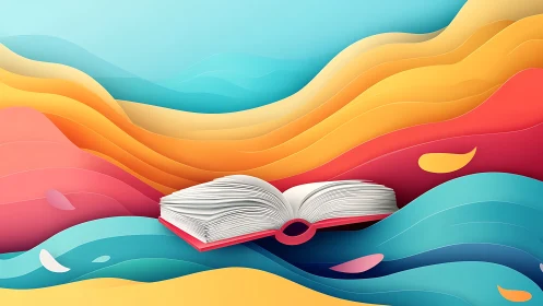 Open book drifts through layered waves of vivid color.