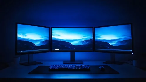 Triple-monitor desktop workstation glows with blue backlight