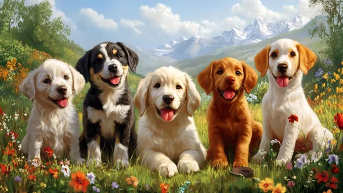 Playful puppies sharing sunshine in a blooming meadow.