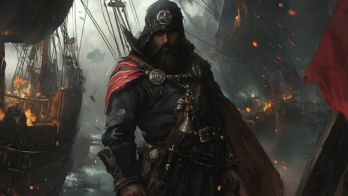 Hooded armored captain stands on burning ship deck at night