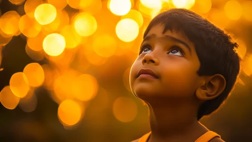 Child gazing upward amid golden bokeh lights.