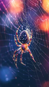 Vibrant spider glows against neon web in moody twilight light