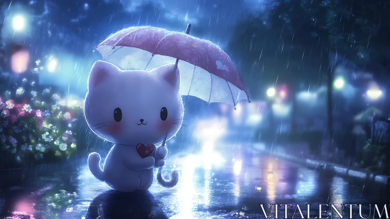 Rain-soaked kawaii cat beneath glowing night umbrella.