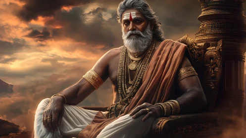 Digital painting of regal sage on ornate throne at sunset.