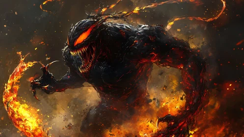 Fiery shadow beast rising from swirling molten chaos.