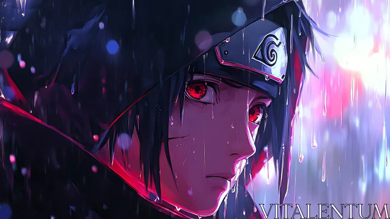 Moody ninja portrait under neon rain with crimson gaze.