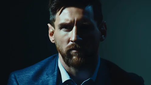 Moody low key portrait of bearded man in suit jacket.