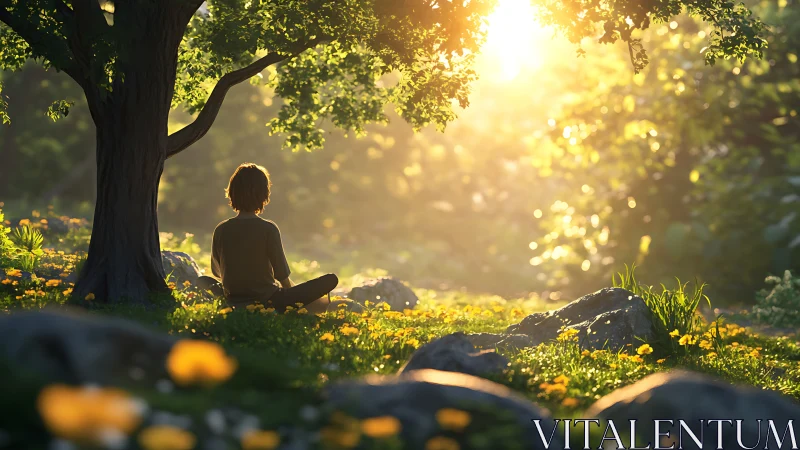 Peaceful Meditation Under Tree in Sunlit Meadow, Photorealistic Art.