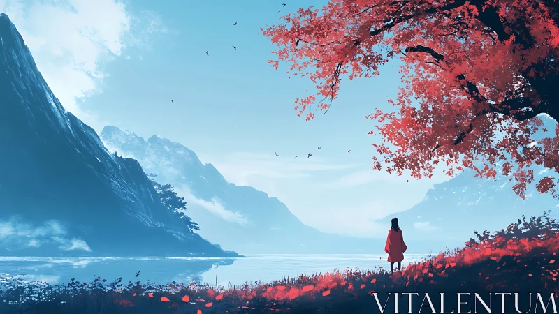 Solitary figure under red tree facing misty blue mountains.