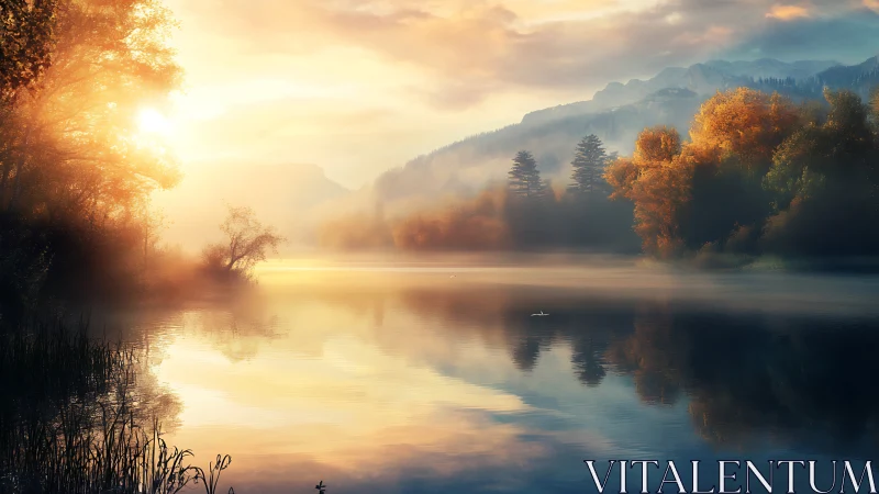 Sunrise drapes a misty forest lake in molten autumn light