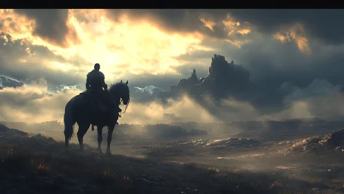 Solitary rider observing misty fortress at sunrise.