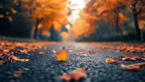 Solitary autumn leaf resting on sunlit forest road.