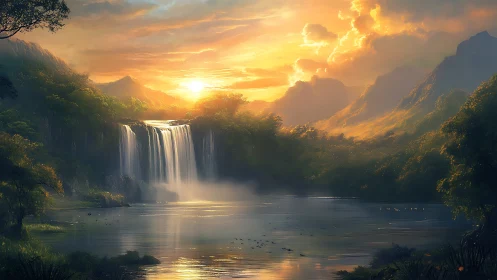 Sunlit waterfall cascades into tranquil misty forest lake.