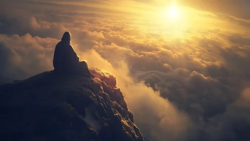 Figure in hooded garment sits on cliff above dense cloud layer