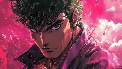 Curly haired anime man portrait on vivid pink sky background.