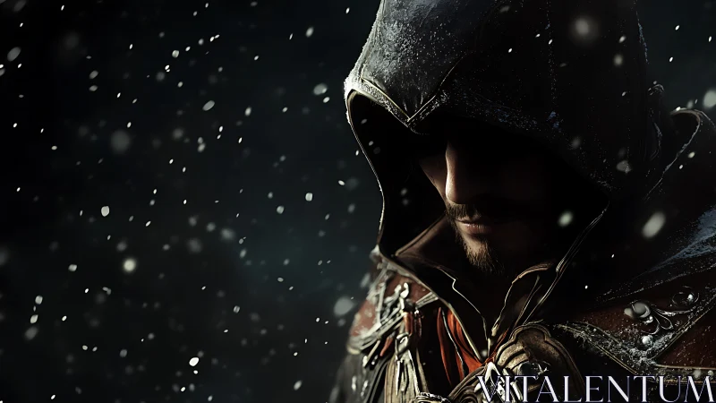 Hooded winter rogue broods beneath swirling battle snow.