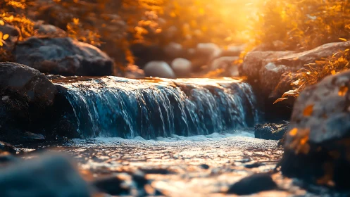 Golden hour stream cascades gently through mossy rocks