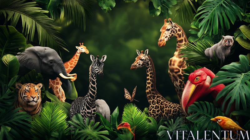 Jungle chorus of wild hearts framed in lush emerald leaves.