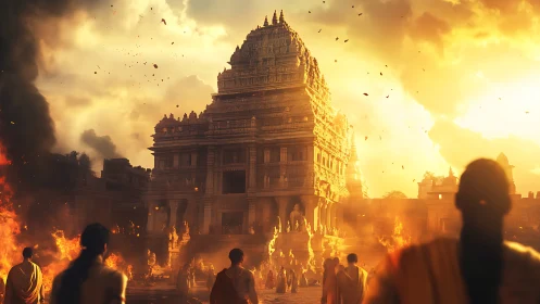 Ancient stone temple amid fire and smoke at golden sunset.