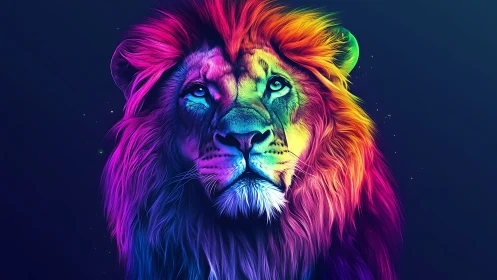 Neon gradient lion portrait in luminous digital painting style.