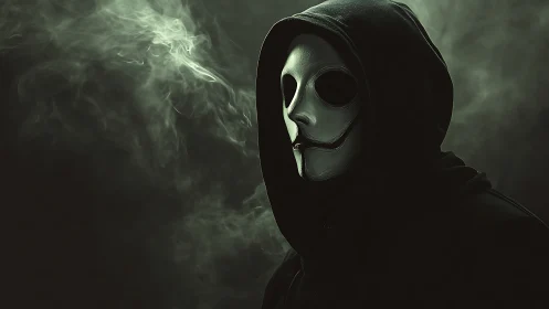 Hooded skull mask in drifting green smoke, low key portrait.