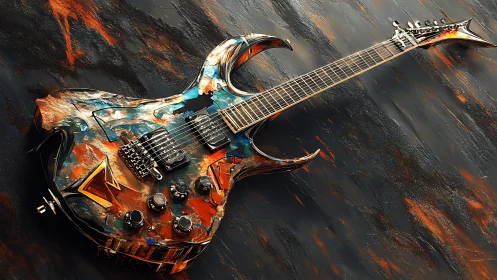 Flame-scarred electric guitar blazing across molten canvas.