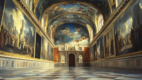 Grand baroque gallery glows with vaulted murals and light.