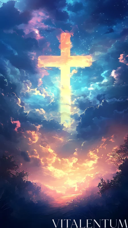 Radiant cross blazing through twilight storm of painted sky.