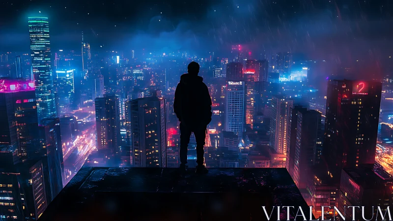 Silhouetted observer overlooks neon-soaked cyberpunk megacity